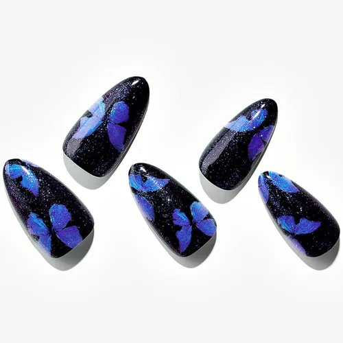 GLAMERMAID Uñas postizas a presión de otoño, color negro, con diseño de mariposa, 24 uñas adhesivas, uñas acrílicas reutilizables, juego de manicura