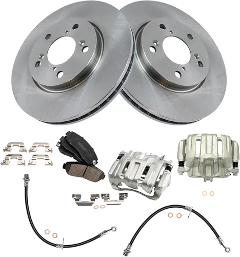 Miniatura 3 de TRQ Juego de pastillas de freno delanteras y rotores de cerámica, pinzas, mangueras, compatibles con Honda Odyssey 2005-2010