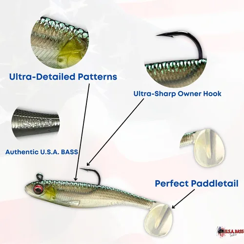 Miniatura 3 de USA Bass Tackle Patriot Shad - Swimbaits de Cola de Paleta con Aroma Infundido, Señuelos de Pesca Pre-Aparejados, Carnada Premium con Anzuelo Owner