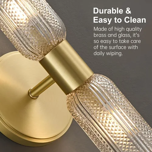 Miniatura 7 de Apliques de pared de latón cepillado, apliques de vidrio doble moleteado de 12.3 pulgadas, aplique dorado de 2 luces, luces de pared para sala