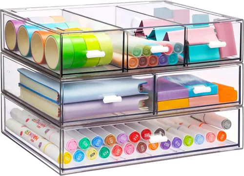 Organizador de Escritorio Apilable de 3 Niveles con 6 Cajones, YOCOMEY Caja de Almacenamiento de Escritorio de Plástico con Cajones, Organizador de