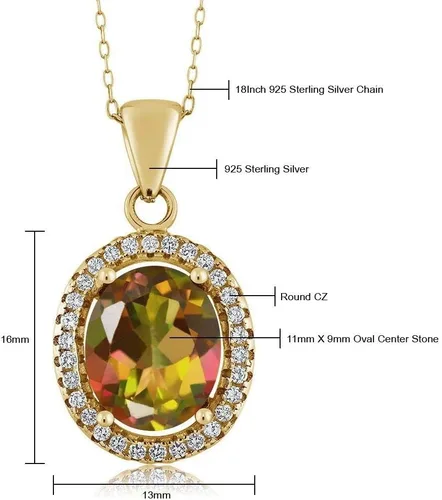 Miniatura 100 de Gem Stone King Collar con colgante de plata chapada en oro amarillo de 18 quilates de 0.433 x 0.354 in con piedra natal ovalada para mujer