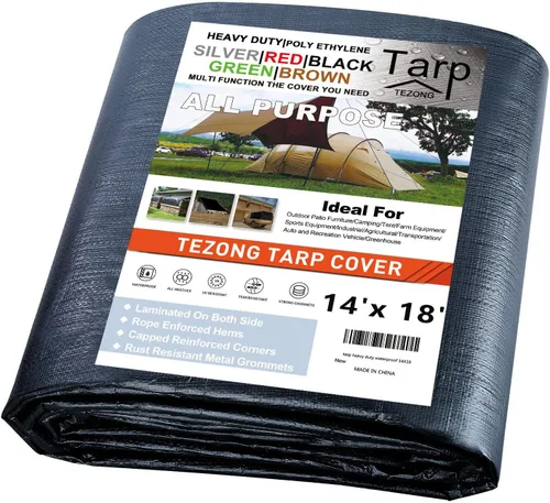 Miniatura 86 de Lonas resistentes impermeables de 4 x 5 pies, paquete de 2 lonas TEZONG negras de 0.472 in. de lona de plástico para exteriores para lluvia