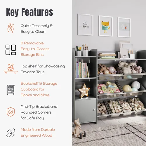 Miniatura 4 de Sturdis Organizador de almacenamiento de juguetes con estantería, estantería de organización de sala de juegos para niños con contenedores de Gris
