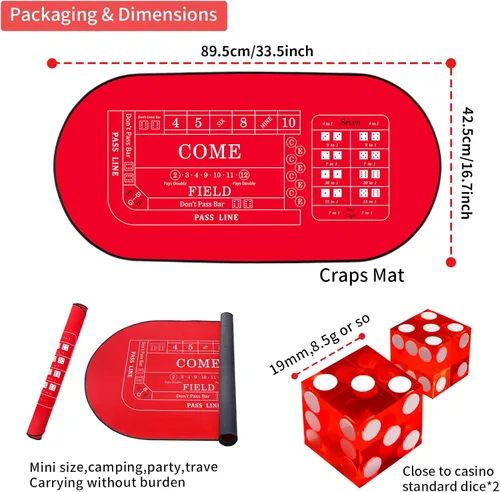 Miniatura 2 de Mini tapete de mesa de dados de 33 x 17 pulgadas con dos dados – Funda de mesa de goma antideslizante portátil de casino para noche
