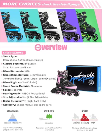 Miniatura 7 de 2PM SPORTS Patines en línea ajustables para niños de 4 a 12 años, patines en línea juveniles para niñas y niños de 5 a 8 a 12 años con ruedas de luz