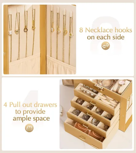 Miniatura 68 de Homde Regalos de Navidad de cuero sintético, enorme joyero, organizador de reloj con espejo, collar, anillo y aretes, estuche de regalo con Dorado