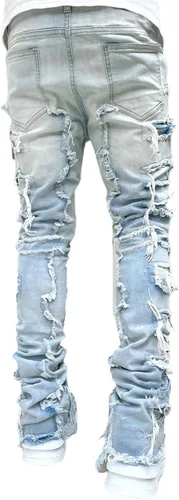 Miniatura 2 de Jeans apilados para hombre, pantalones de mezclilla rectos desgastados desgastados, ajustados sólidos rasgados, pantalones cargo Harajuku