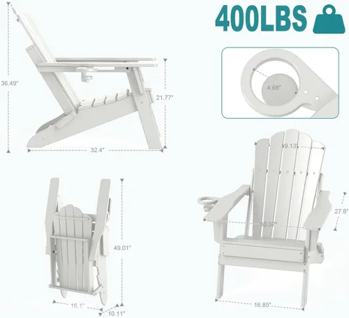 Miniatura 3 de FOOWIN Adirondack - Silla plegable de polietileno de alta densidad para patio con soporte para tazas, silla de plástico resistente de 400 libras