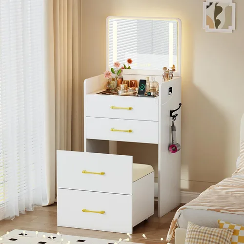 Miniatura 13 de Lvifur Escritorio de tocador 3 en 1 con espejo abatible y luces, tocador compacto con parte superior de vidrio con 3 cajones y taburete rodante
