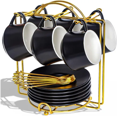Lareina Juego de 6 tazas de café de porcelana de 3 onzas, tazas de café apilables con platillos, cucharas y soporte de metal, tazas de cerámica 3 oz