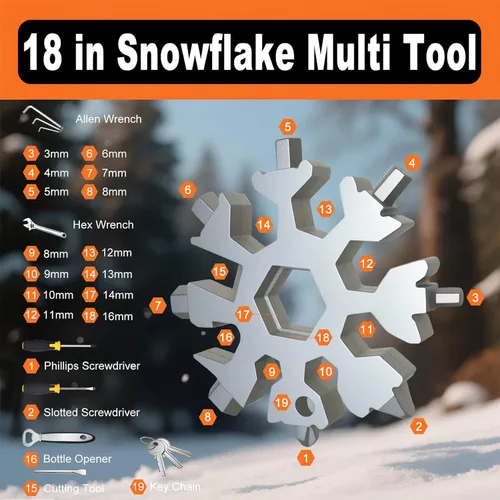 Miniatura 3 de Juego de Herramientas Multiusos en Forma de Copo de Nieve, 2 Pack - Multiherramienta de Acero Inoxidable 18 en 1 con Mosquetón, Abrebotellas