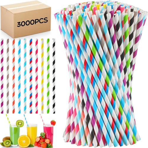 Eaasty 3000 pajitas de papel de colores desechables a rayas para jugo de verano, batidos, cócteles, 7.87 pulgadas, 0.24 pulgadas de diámetro Colores