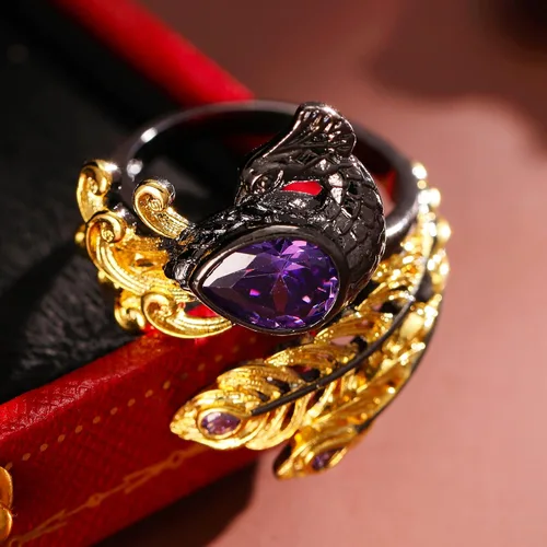 Miniatura 3 de Gothic Golden Feather Amethyst Rings - Black Peacock Rhinestone Copper Rings