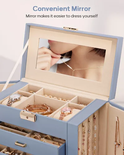 Miniatura 43 de Homde Regalos de Navidad de cuero sintético, enorme joyero, organizador de reloj con espejo, collar, anillo y aretes, estuche de regalo con Dorado