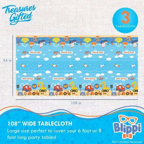 Miniatura 2 de Treasures Gifted Suministros para fiesta de cumpleaños con licencia oficial de Blippi, paquete de 2, mantel Blippi de 54 x 108 pulgadas, suministros