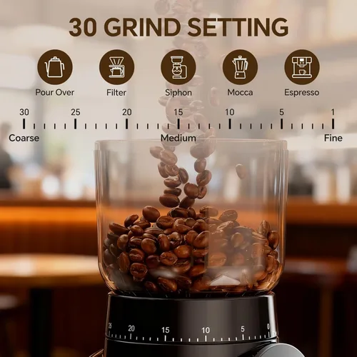Miniatura 2 de Molinillo de café eléctrico, molinillo de granos de café con rebabas con 30 ajustes de molienda, molinillo de muelas para uso doméstico, pantalla