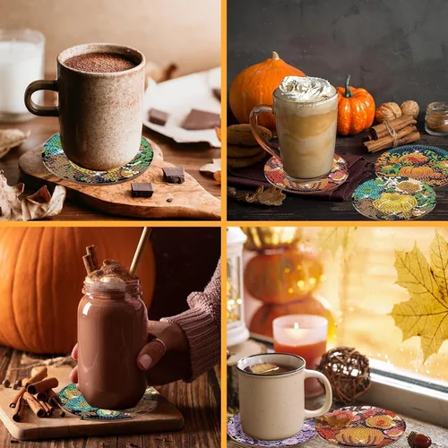 Miniatura 6 de Denylo pro 8 piezas de kits de posavasos de arte de diamante de calabaza de otoño con soporte DIY arte de diamante de calabaza de otoño posavasos