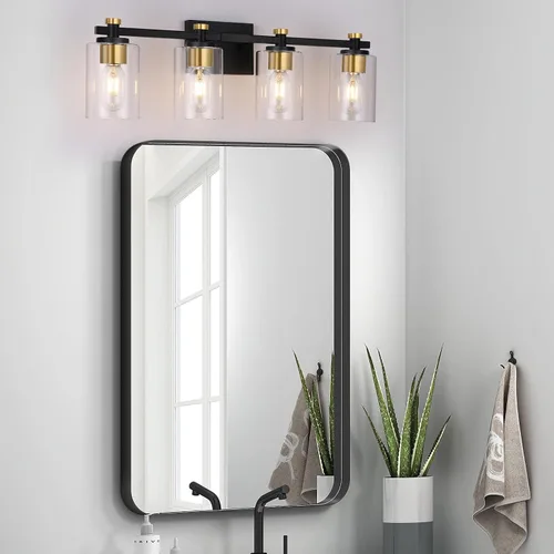 Miniatura 7 de Lámpara de Tocador de Baño de 3 Luces, Accesorios de Iluminación de Baño Negro con Pantalla de Globo de Vidrio Transparente, Aplique de Pared Negro