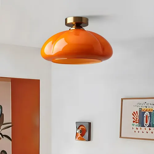 Miniatura 8 de Lámpara de techo empotrada LED vintage en vidrio amarillo para pasillo - Luz de techo estilo mitad de siglo con pantalla de vidrio acanalada