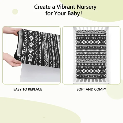 Miniatura 6 de Sábanas bajeras ajustables para cuna pequeña con temática azteca, sábana portátil para cuna para niño o niña, 24 x 38 pulgadas, color blanco y negro