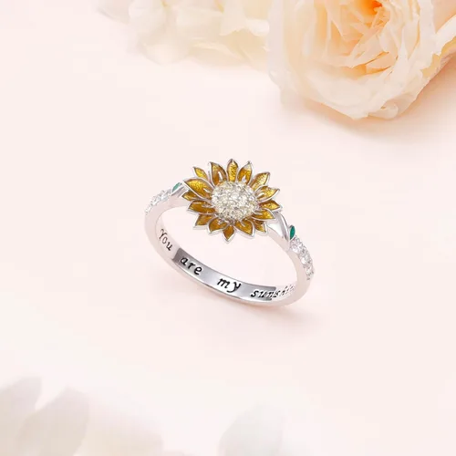 Miniatura 5 de Anillo de girasol de plata de ley 925 con circonita cúbica con texto en inglés "You are My Sunshine", anillos de flores para mujeres, mamá, esposa
