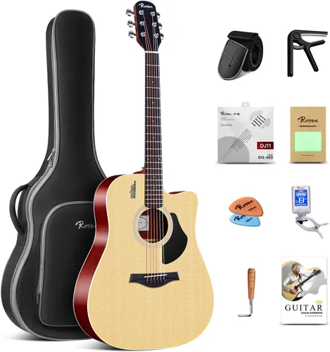 Miniatura 15 de Rosen Guitarra acústica Dreadnought de tapa sólida de 104 cm con abeto, para principiantes, con libro, bolsa acolchada, cuerdas, púas, llave Azul