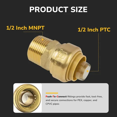 Miniatura 2 de Adaptador macho PTC de 1/2 pulgada a 1/2 pulgada NPT a presión, ajuste de plomería de latón para cobre, CPVC, tubos PEX, con refuerzo mejorado, clip