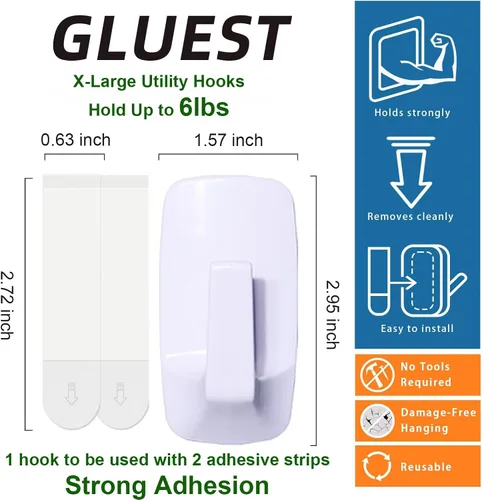 Miniatura 2 de Ganchos de pared resistentes grandes 6 piezas con 12 tiras adhesivas, gancho de pared removible para colgar, ganchos para colgar abrigos sin daños