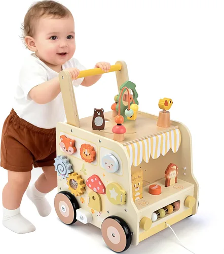 Pithfor - Cubo de actividades de madera con caminador de empuje, caminador de madera para bebés, juguetes Montessori para bebés de 10-12 meses, 1 2