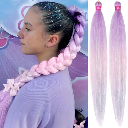 Miniatura 27 de Cabello trenzado verde con lentejuelas de 26 pulgadas, preestirado, trenzas de textura Yaki, extensiones de cabello pre plumadas, 3 paquetes, fácil