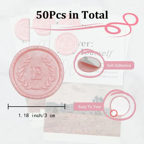 Miniatura 2 de 50 piezas de pegatinas adhesivas de sello de cera rosa en letra E, hechas a mano, no necesita sello de cera, desgarrar y usar pegatinas de cera