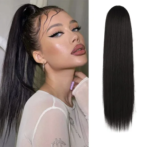 Miniatura 27 de BARSDAR Extensión de cola de caballo corta y recta - Extensiones de pelo con cordón de 16 pulgadas, rubio para mujeres - Extensiones de pelo Rubio