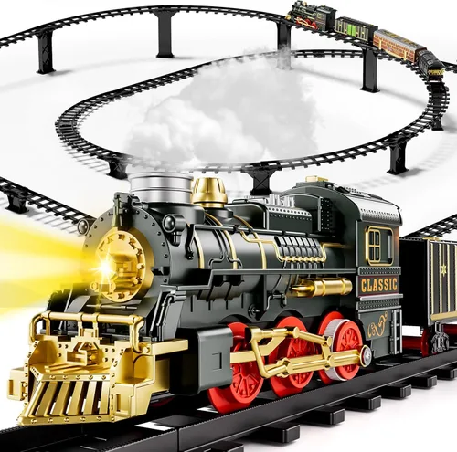 Miniatura 12 de Juego de tren para niños de 3-5 4-7, juego de juguetes clásicos de tren eléctrico con motor de locomotora, luces y sonido con vapor, rieles