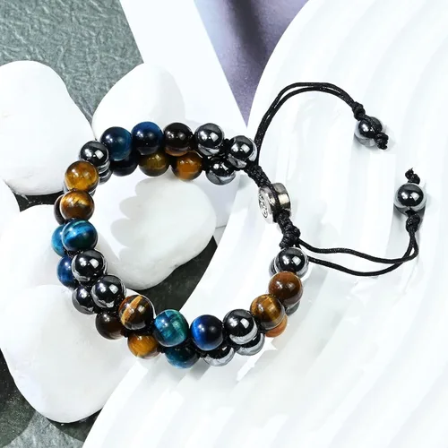 Miniatura 4 de Triple Protection Bracelet Natural Black Obsidian Tigers Eye Hematite Beads Crystal Bracelet Healing Bracelets for Men Women Bring Prosperity Luck