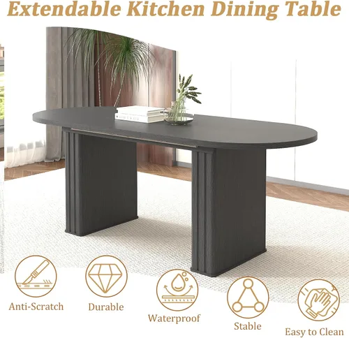 Miniatura 4 de Juego de 4 mesas de comedor extensibles, mesa de comedor ovalada negra y 4 sillas de comedor de terciopelo negro con patas de madera, juego de mesa