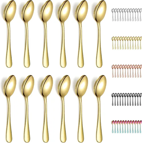 Evanda 12 cucharaditas doradas, acero inoxidable chapado en titanio dorado, cuchara de té de 5.5 in, cubiertos para té, café, pasteles, postres,