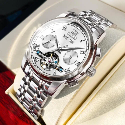 Miniatura 4 de OLEVS Relojes automáticos de cuerda automática para hombre, fecha y día, calendario, relojes de acero inoxidable, movimiento esquelético