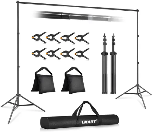 Emart Foto Video Studio sistema de soporte de telón de fondo con bolsa de transporte, 10 pies fondo ajustable Negro