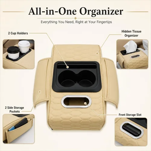 Miniatura 4 de Priprilod Almohada beige para reposabrazos de consola central de automóvil, espuma viscoelástica con portavasos y soporte para teléfono celular