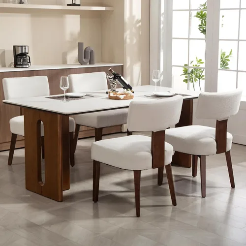 Juego de 4 sillas de comedor, sillas de cocina de tela tapizada en madera, silla acolchada de lino sin brazos con respaldo curvo acentuado estilo