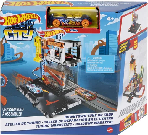 Miniatura 5 de Hot Wheels City Toy Car Track Set Downtown Repair Station Playset con vehículo a escala 1:64, elevador de trabajo y lanzador