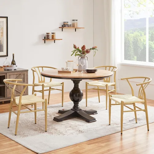 Miniatura 9 de Topeakmart Juego de 4 sillas de comedor de tejido de tejido moderno con marco de metal, sillas de brazo de tejido, color madera