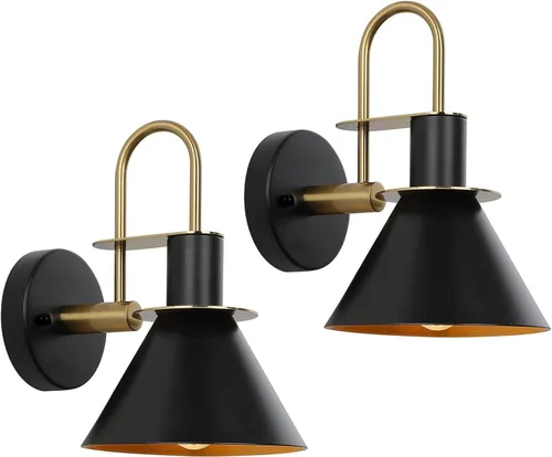 WILON Juego de dos apliques de pared dorados y negros, lámpara de pared moderna de granja, lámpara de pared industrial para interiores, para baño,