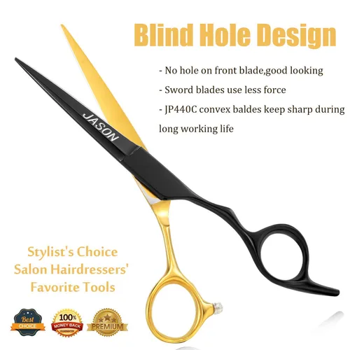 Miniatura 4 de JASON Juego de tijeras para el cabello de 6 pulgadas, tijeras de peluquería de oro negro + tijeras de textura plateada para mujeres y hombres