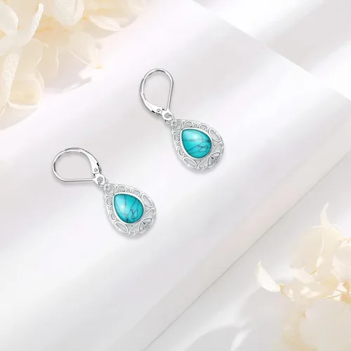 Miniatura 229 de Aretes colgantes de plata de ley con diseño de árbol de la vida, flor, abeja, animales, gato, colibrí, piedra lunar, turquesa, aretes con cierre