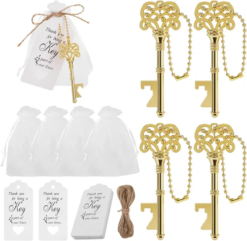 20 piezas de abrebotellas de esqueleto vintage con bolsas de organza, etiquetas de agradecimiento, cuerda de yute y cadenas, regalos perfectos de