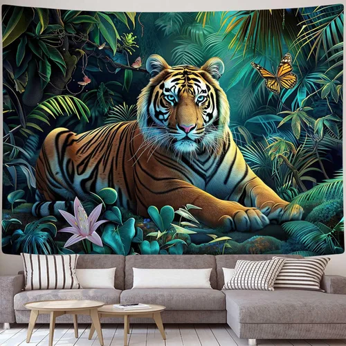 Miniatura 4 de MERCHR Tapiz de bosque natural, tapiz para colgar en la pared, diseño de animales de tigre, paisaje, paisaje, para dormitorio, sala de estar