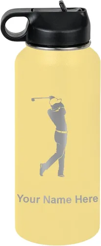 Miniatura 58 de LaserGram Botella de agua personalizada, golfista de golf, acero inoxidable de doble pared aislada al vacío con popote superior, regalo grabado Negro