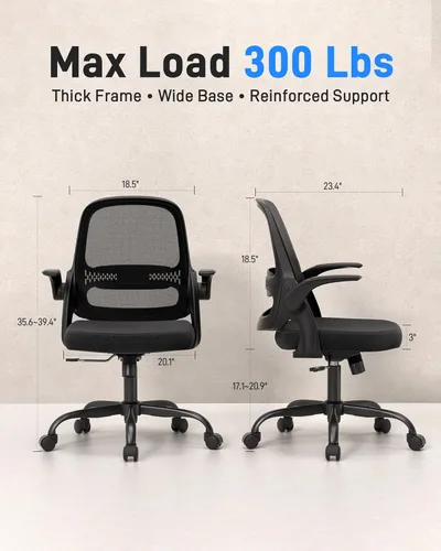Miniatura 2 de Silla de oficina ergonómica de malla para oficina en casa, brazos abatibles, respaldo de malla transpirable y cojín de asiento grueso, silla de Negro